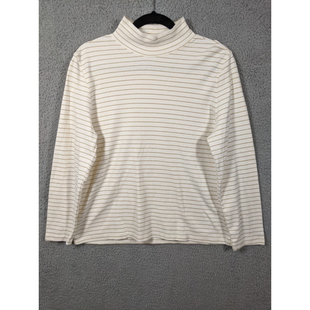 Laura Scott Long Sleeve Shirt Women LP Beige Metallic Gold Striped Academia